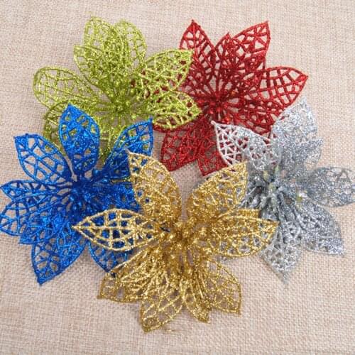 6Pcs Christmas Tree Decorations Colourful Glitter 15cm Simulation Flowers New Year Gifts Christmas Decorations For Home