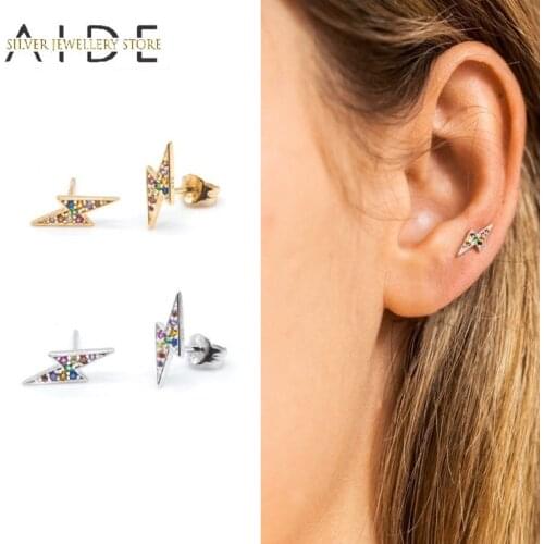 AIDE 925 Sterling Silver Stud Earrings For Women Exquisite Lightning Colorful Zircon Piercing Cartilage Earings Jewelry kolczyki