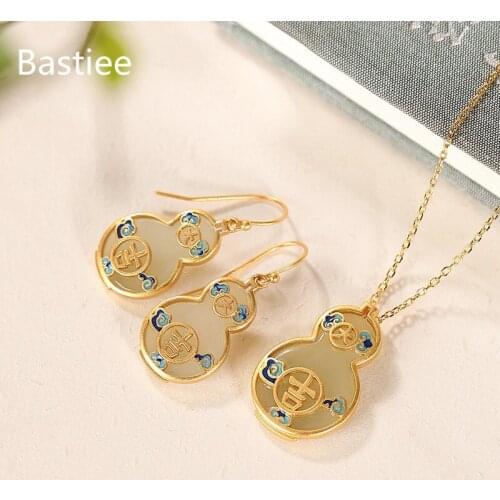Bastiee Chinese Gourd Jade Silver 925 Jewelry Sets For Women Neclace Pendants Drop Earrings Luxury Gift Jewellery Set