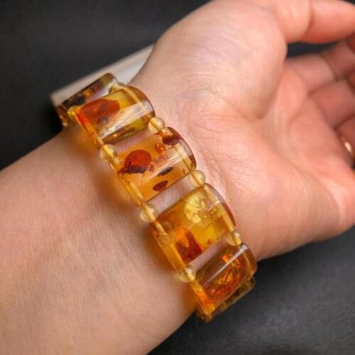 100% Real Flower Amber Bracelet Men Women Natural Baltic Ambers Square Beads Elastic Beaded Bracelets Bangle Jewelry Accessories