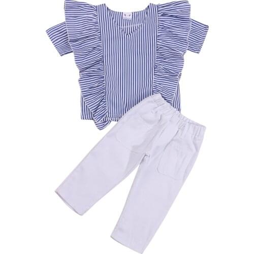 2-7Y Toddler Kids Baby Girl Ruffles V-neck Striped Shirt Tops Long Pant Trouser 2PCS Girls Clothing Set