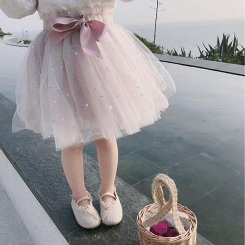 DFXD 2020 New Summer Tulle Girls Tutu Skirt Mesh Bow Princess Stars Sequins Party Dance Pettiskirt Korean Children Clothes 2-8T