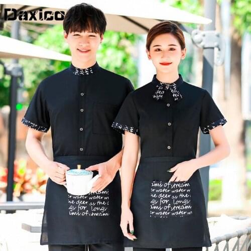 Short Sleeve Restaurant Waiter Uniform Woman Coffe Shop Waitress Uniform Cafe Shirt + Apron Work Overalls Fast Food Staff Outfit