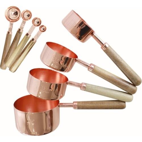 Measuring Cups Spoons Set Wood Handle Stainless Steel Metal Measuring Scoop Baking Kit Kitchen Accessories 4Pcs