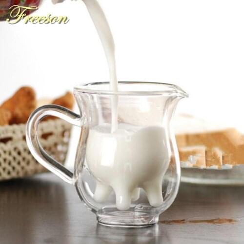 Cute Cow Double Layer Glass Mug Milk Juice Coffee 250ml Creamer Cup with Handle
