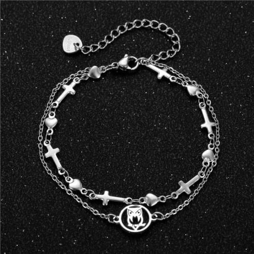 Layered Link Chain Stainless Steel Bracelet for Women Love Heart Lucky Owl Charm Bracelet Animal Charm Wristband Hand Jewelry