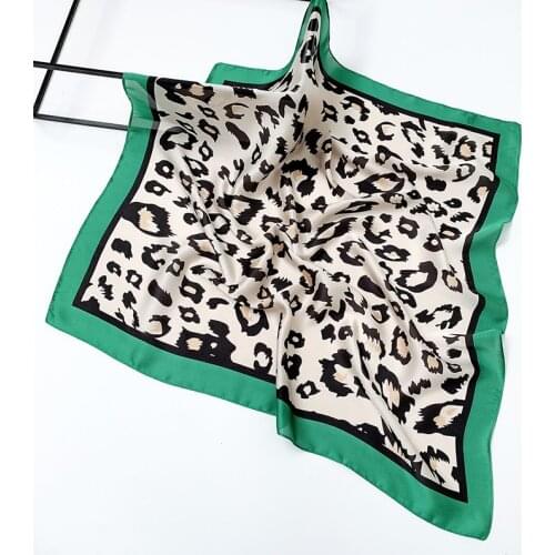 70cm Fashion Leopard Print Kerchief Hair Scarf For Women Silk Satin Hijab Scarves Female Square Headband Bag Scarfs Blue Green