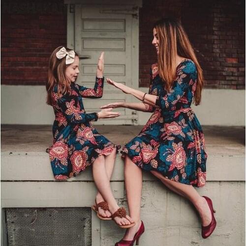 Mother Daughter Dresses Family Look Matching Clothes Fashion Floral Print Dress Mom and Baby Girl Dress