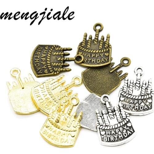 15pcs Wholesale Three Color Birthday Cake Charms Zinc Alloy Metal Pendants For DIY Handmade Jewelry Accessories Making 22*15mm