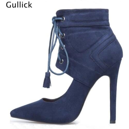 Luxury Celebrity Fashion Dark Blue Suede High Heels Lace Up Sexy Pumps Pointed Toe Thin Heel Woman High Heels Elegant Boots