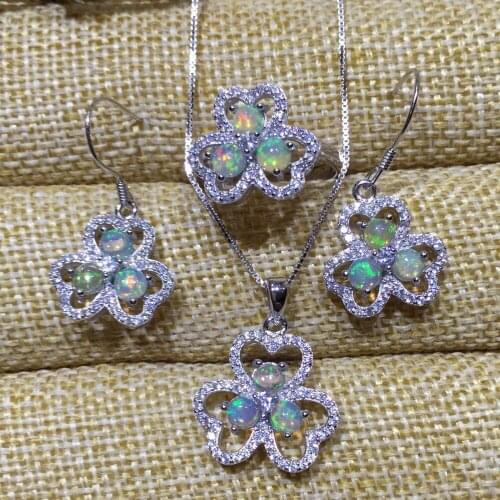Natural multicolor opal gem jewelry sets natural gemstone ring Pendant Earrings S925 silver Elegant Lucky Clover fine jewelry