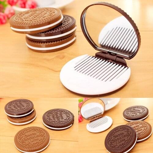 Cute Chocolate Sandwich Biscuit Shaped Portable Folding Round Makeup Mirror Folding Mirror, Sandwich Biscuit Shape