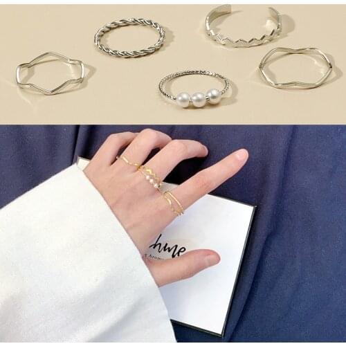Korean Style Simple Wave Ring For Women Five-piece Ring Non-adjustable Fashionable New Style Holiday Gift for Friend