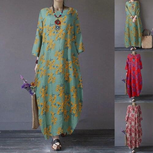 Retro Womens Fashion Round Neck Full Sleeve Printed Dress