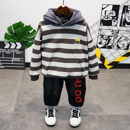 2020 Winter Baby Boys Clothes Set Fashion Gray Striped Hooded Sweatshirt Letter Jeans 2pcs For Boy Kids Velvet Thick Warm Sets