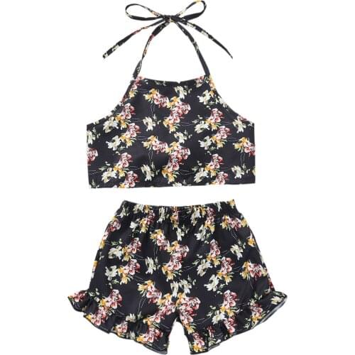 2021 0-4Y Kids Baby Girl Clothing Set Floral Print Halter Crop Top Vest+Ruffle Shorts Summer 2pcs Outfits