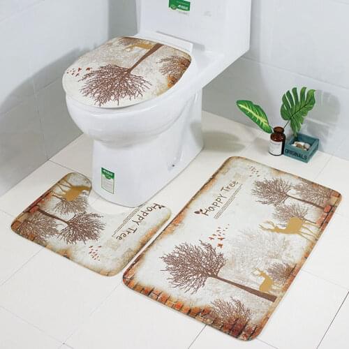 Tree Printed Mats For Toilet And Bathroom 3pcs Bath Mat Set Toilet Rug Anti-slip Bathroom Floor Mats Flannel Bathroom Carpet Set