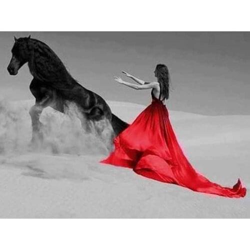 5D Diy Full Square Round Red Skirt Girl Female Horse Pictures Of Rhinestone Diamond Painting Mosaic Picture Embroidery FC513