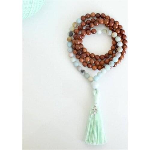 8mm Amazonite Sandalwood 108 Beads Handmade Tassel Necklace Classic Chakra Buddhism Yoga Spiritua Prayer Religious Japa