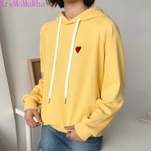 AreMoMuWha New Spring Autumn Heart Embroidery Sweatshirts Women Casual Hooded Pullover Coat Preppy Style Solid Hoodies Tops Mh48