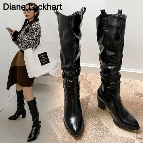 Band Designer Faux Leather Women Knee High Boots Pointed Toe Knight Boots Women Long Chunky High Heel Boots Black White Brown