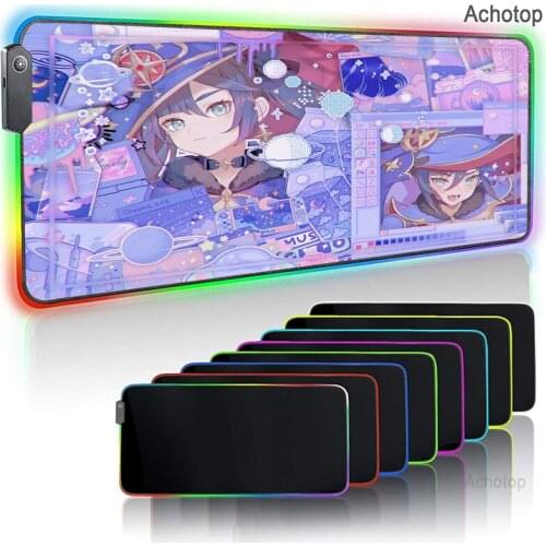 Genshin Impact Gaming Mousepad Anime Slipmat RGB LED Setup Gamer Decoration Cute Pink Glowing Mouse Mat Kawaii with Cable Rug xl