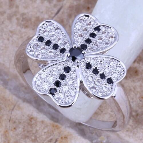 Black Cubic Zirconia White CZ Silver Plated Four-leaf Clover Ring Size 6 / 7 / 8 / 9 E522