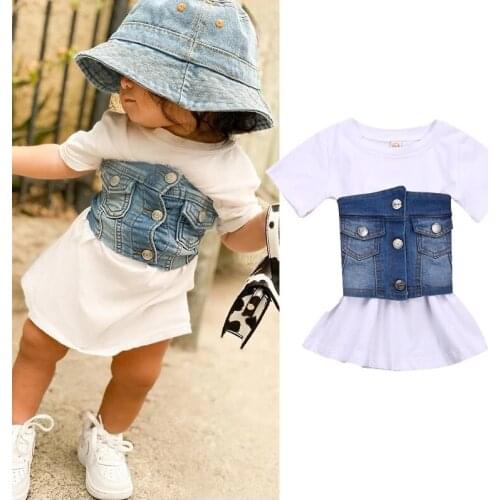 1-6Y Summer Fashion Kids Girls Clothes Sets Short Sleeve Solid A-Line Dress+Denim Blue Vest Belt 2pcs