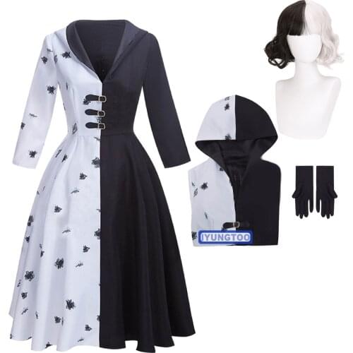 Movie Cruella De Vil Cosplay Costume Wigs Women Adult Gown Black White Maid Dress with Gloves Hoodie Skirt Halloween Party Dress
