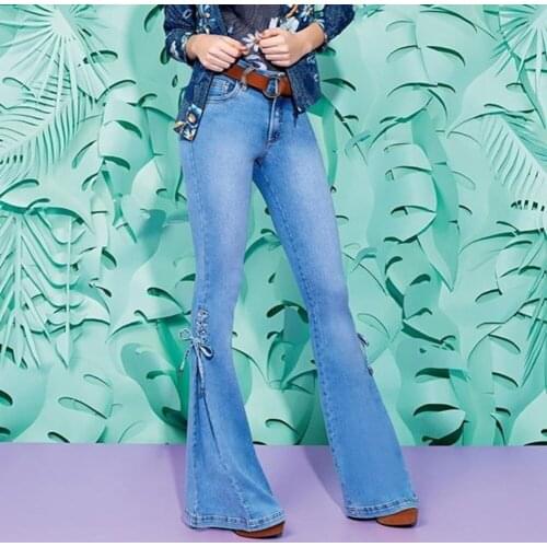 Summer Solid High Waist Skinny Flare Pants Women Plus Size Women Vintage Flare Jeans Lace Up Bow Skinny Wide Leg Denim Pants