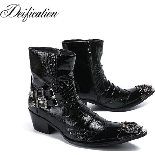 Deification High Heels Punk Style Leather Men Shoes Military Cowboy Ankle Boots Metal Pointy Toe Lace Up Buckle Straps Shoes Men