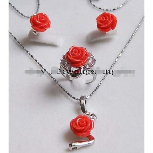 Prett Lovely Womens Wedding > >12MM Hand Carved Pink Coral Flower Earrings/Ring/Necklace Pendant Set A06 Ms. jewelry