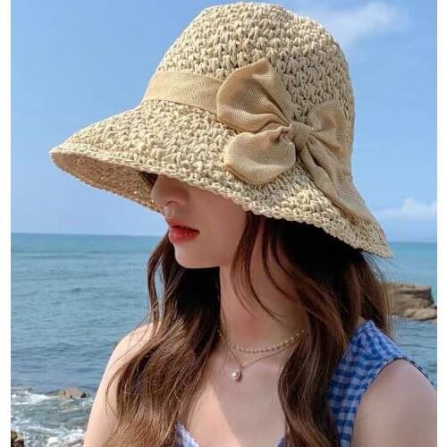 Summer Simple Bow Sun Hat Fashion Leisure All-match Basin Hat Literature And Art Foldable Knitted Straw Hat Sombreros De Sol