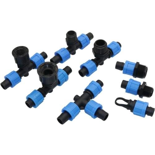 16mm Drip Tape Locked Connectors DN17 Pipe Straight Tee End Plug Connector 1/2" 3/4" Internal/External Thread Adapter 20 Pcs