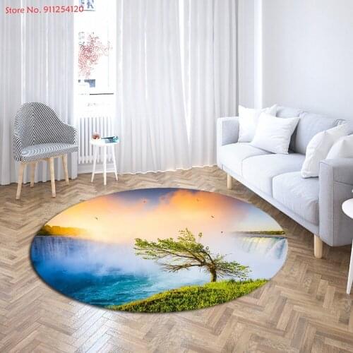Modern Decor Area Rugs Natural Scenery Print Round Mats Waterfall Mountain Decor Rugs 3D Print Floor Mats Kid Crawling Mat