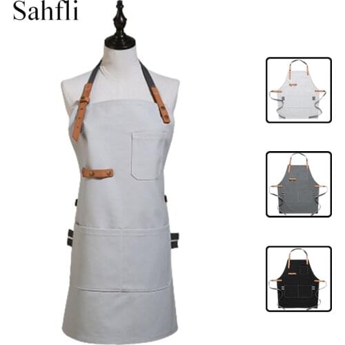 Modern Simple Solid Color Canvas Waterproof Sleeveless Work Apron Adjustable Length Back Tie Additional Multi-pocket Decoration