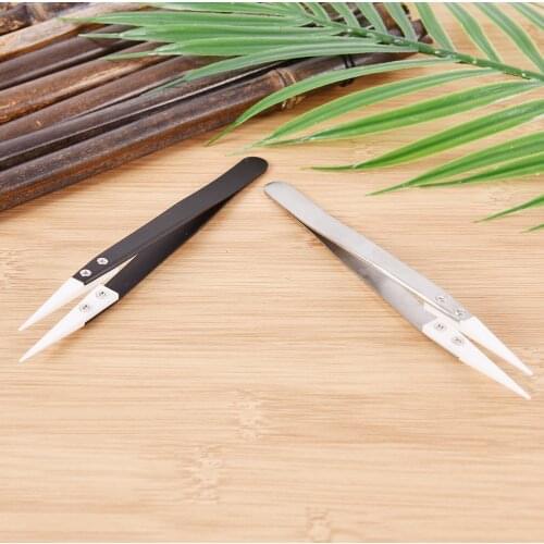 Heat Resistant Stainless Steel Ceramic Tweezers Non Conductive Ceramic Pointed Tip DIY Sewing Tools Straight Long Nose