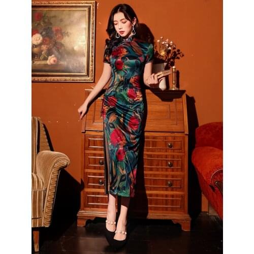 Chinese Oriental Dress High-End Really Silk Printing Qipao Traditional Stand Collar Retro Sexy Cheongsam Slim Banquet Dress