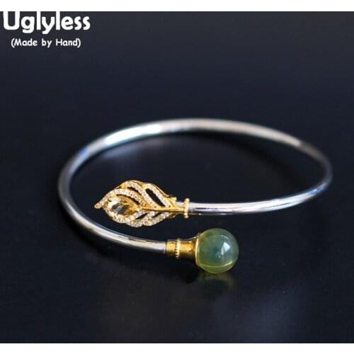 Uglyless Mexico Blue Perot Bangles for Women Discolored Amber Open Bangles Real 925 Silver Leaf Crystals Bracelets Jewelry BA648