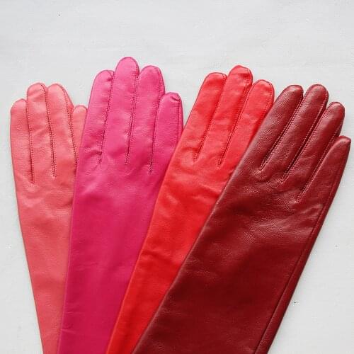 Women Real Leather Long Gloves Full Fingers Winter Warm Elbow Gloves Outdoors Long Sheepskin Rose Red Mittens Wine Red Party