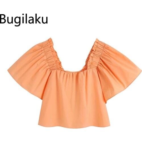 Bugilaku Pure Color High Street Y2K T Shirt Women Square Collar Short Sleeve Cropped Tops New Arrival Summer Graphic Tshirts