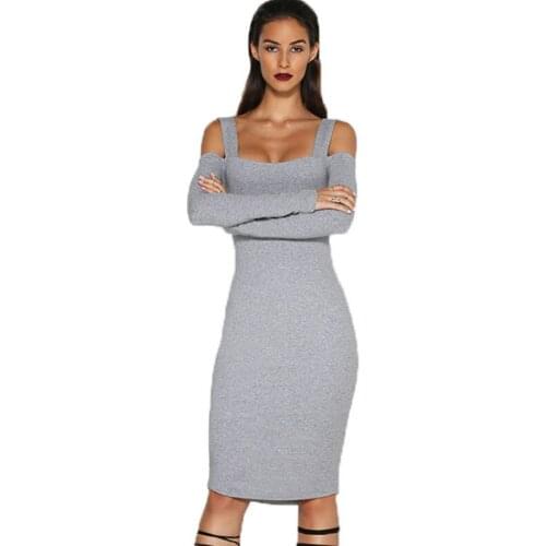 Women Sexy Slim Fashion Europe Style slash Neck Clubwear Night Wear summer knee length long sleeve Dresses gray black
