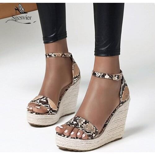 Sgesvier Women Sandals 2020 new fashion snake wedges sandals summer shallow platform 3 colors party shoes big size 34-43