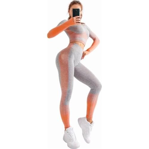 Women Soft Seamless Yoga Set Gym Clothing Fitness Leggings+Cropped Shirts Sport Suit Women Long Sleeve Tracksuit Active Wear