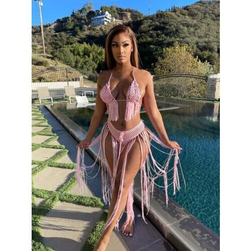 S-XL Sexy Hand-knitted Two-piece Swimsuit Halter Cropped Top with Bandage Long Skirt Womens Summer Beachwear Tassel Club