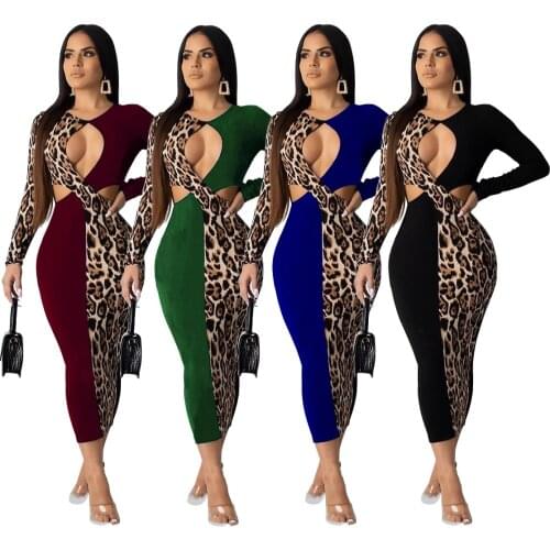 Spring and Autumn New Dress Leopard Print Stitching Sexy Hollow Long-Sleeved Fashion Tight-Fitting Slim Long Skirt