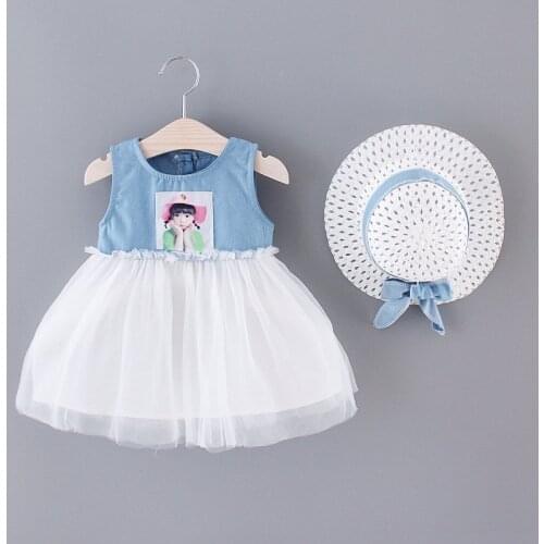 2020 New Baby Clothes Girl Summer Dresses Girls Printed Sleevelss Denim Color Block Casual Princess Dress + Sun Hat 2 PCS 0-4Y