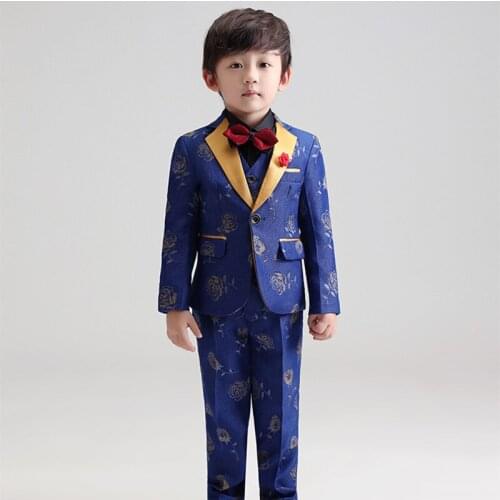 Kids Formal Suit Wedding Birthday Party Dress Flowers Boys Blazer Vest Shirt Pants Tie 5pcs Tuxedo Children Prom Costume