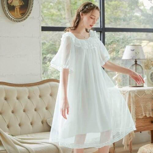 White Retro Court Style Princess Nightgown Female Sweet Ruffled Short Sleeve Long nightwear Sleepwear nightdress sleeping dress