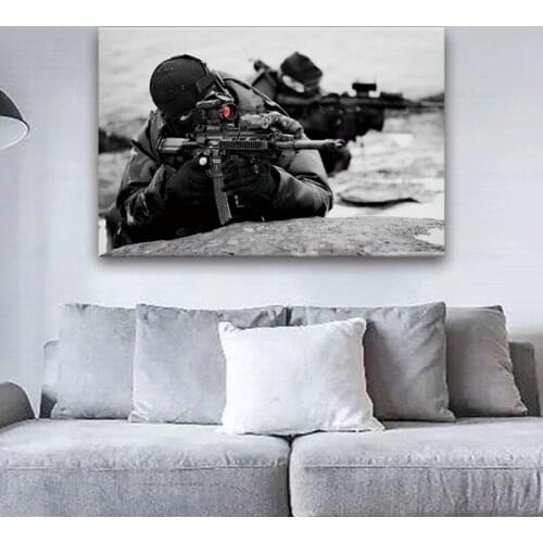 Aiming army soldier rifle black and white monochrome KB398 living room home modern art decor wood frame poster